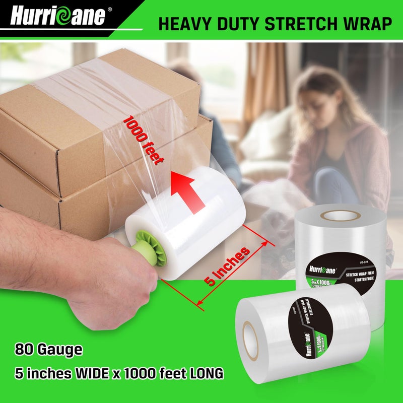 HURRICANE Stretch Wrap Film Refill Rolls, Clear Stretch Wrap Refill Roll, 2 Pack 80 Gauge Thick 5 inch 1000 ft, Clear Plastic Pallet Shrink Film, Stretch Plastic Wrap for Packing, Moving, Storage - Image 2